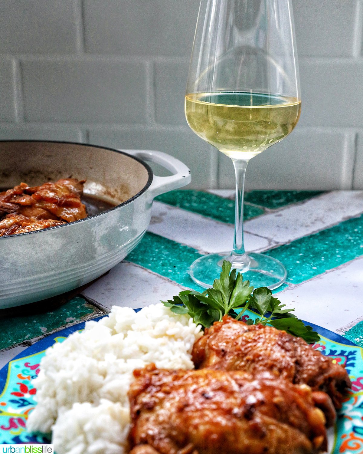 Chinese braised chicken with rice on a colorful plate with a glass of white wine.