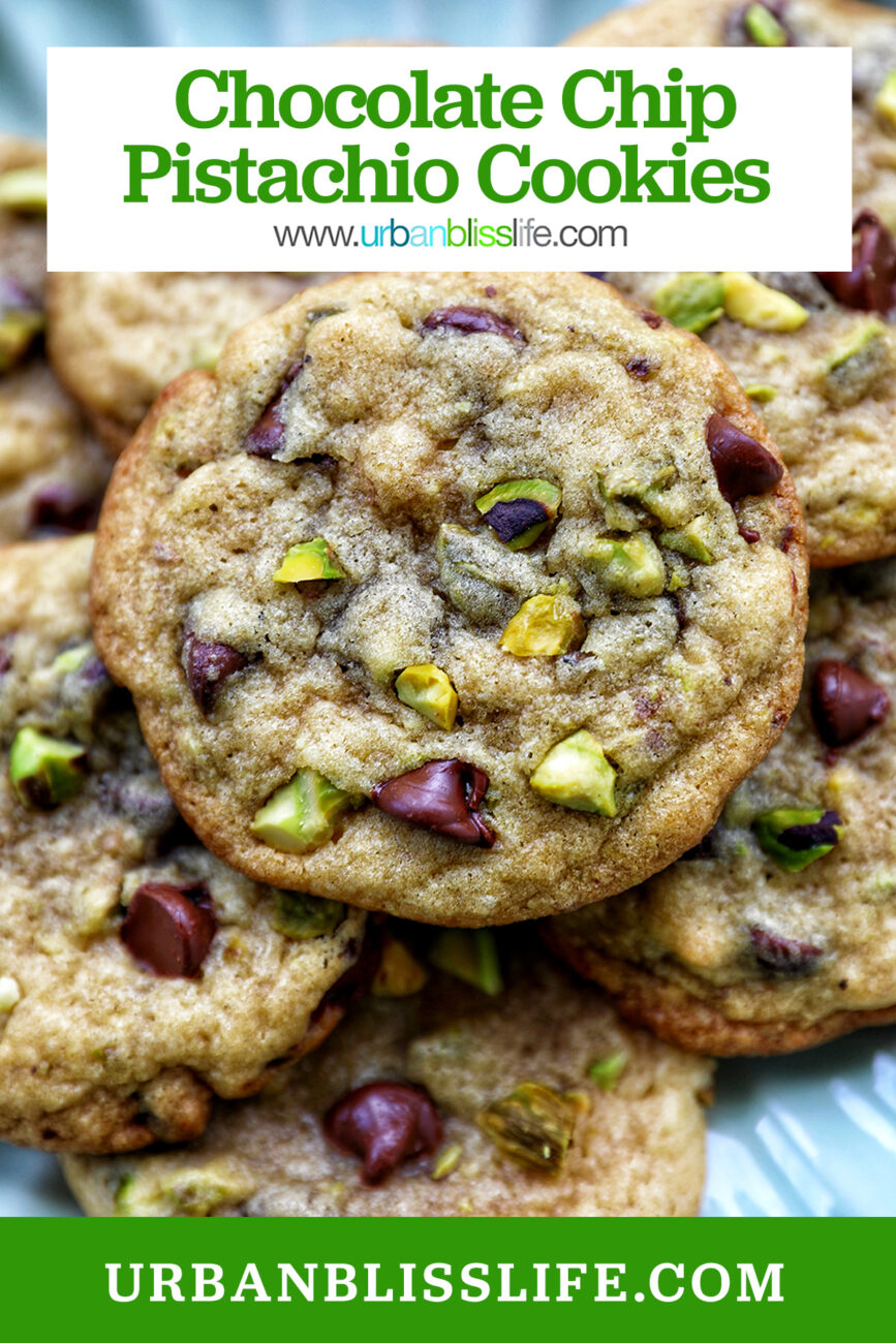 chocolate chip pistachio cookies on a plate with title text overlay.