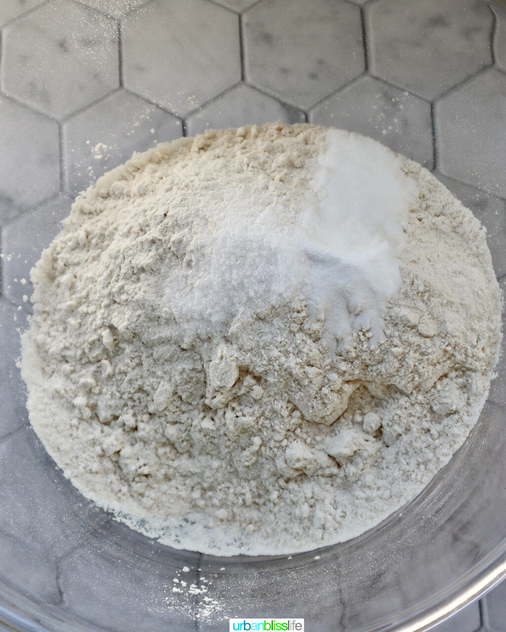 dry ingredients in a bowl for cookie batter.