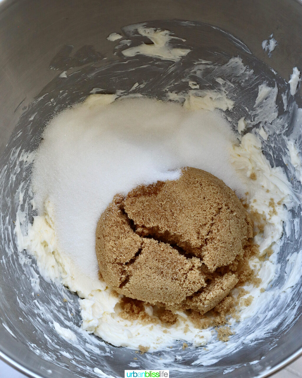 sugars added to butter in a stand mixer.