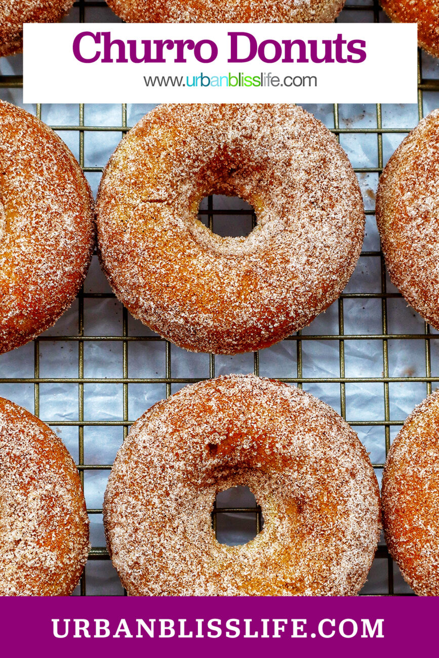 churro donuts on a cooling rack with title text overlay.