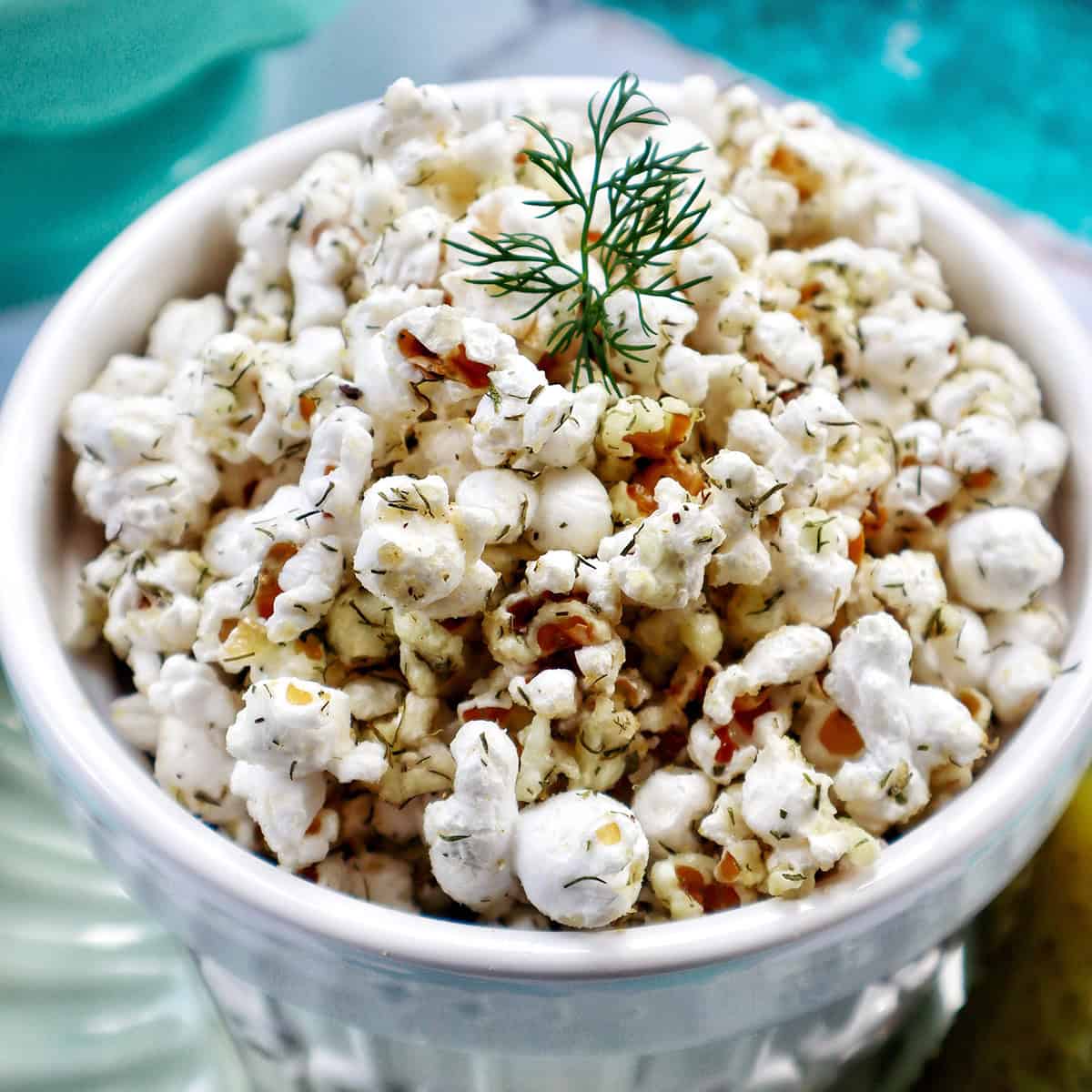 bowl of dill pickle popcorn.