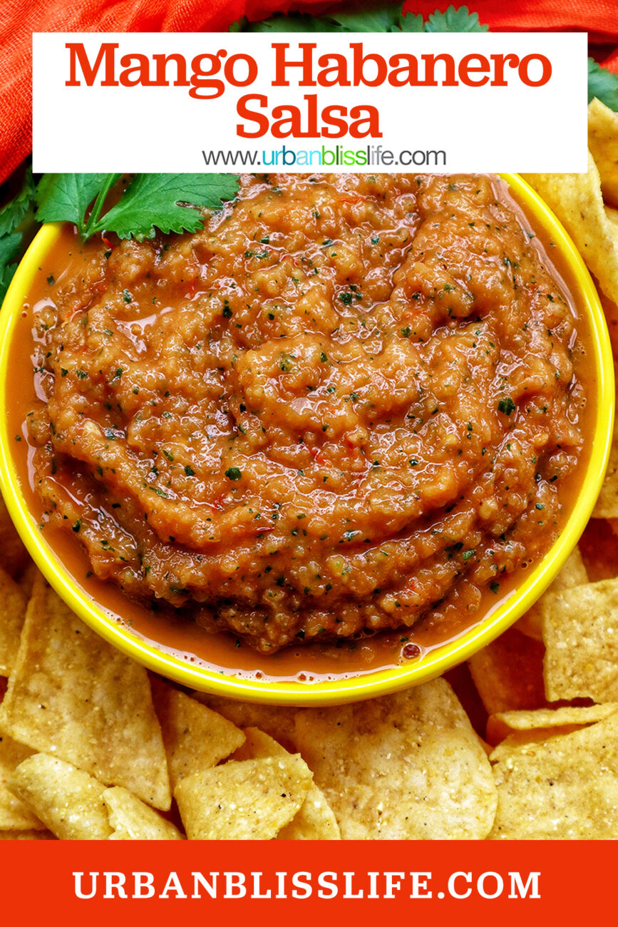 mango habanero salsa in a bowl with tortilla chips and title text overlay.