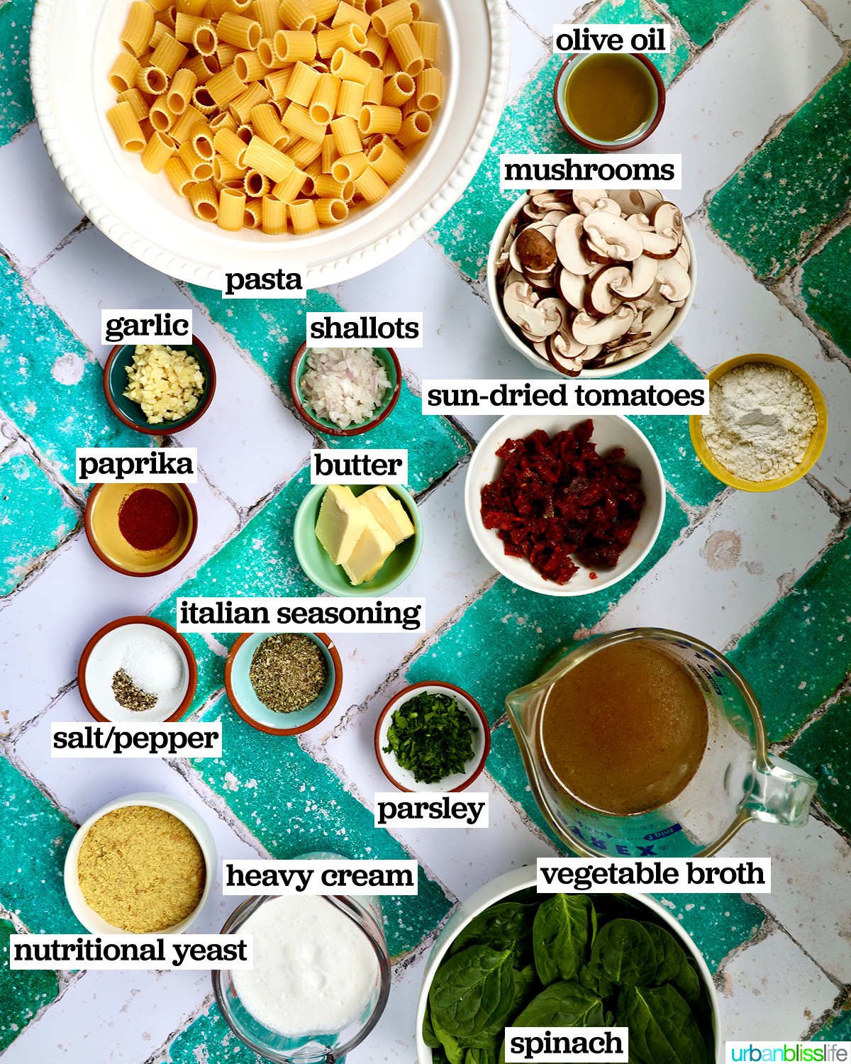 bowls of ingredients for vegetarian Marry Me Pasta.