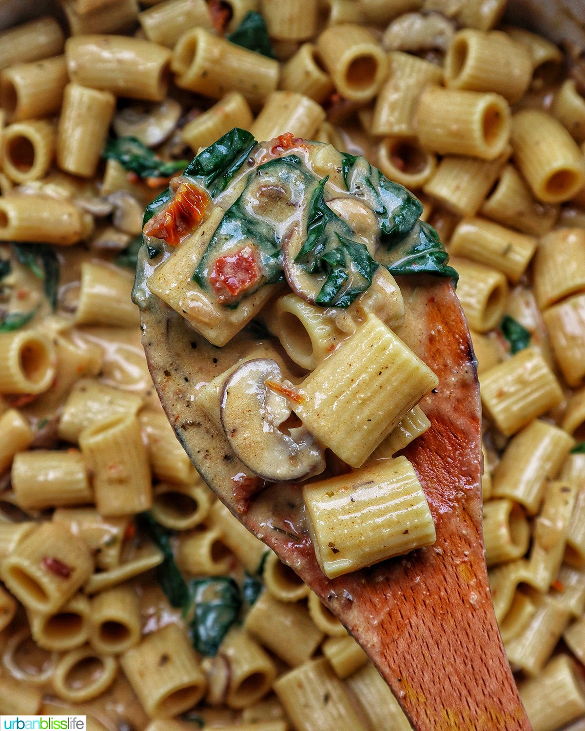 wooden spoon of Marry Me Pasta above a pan of pasta.