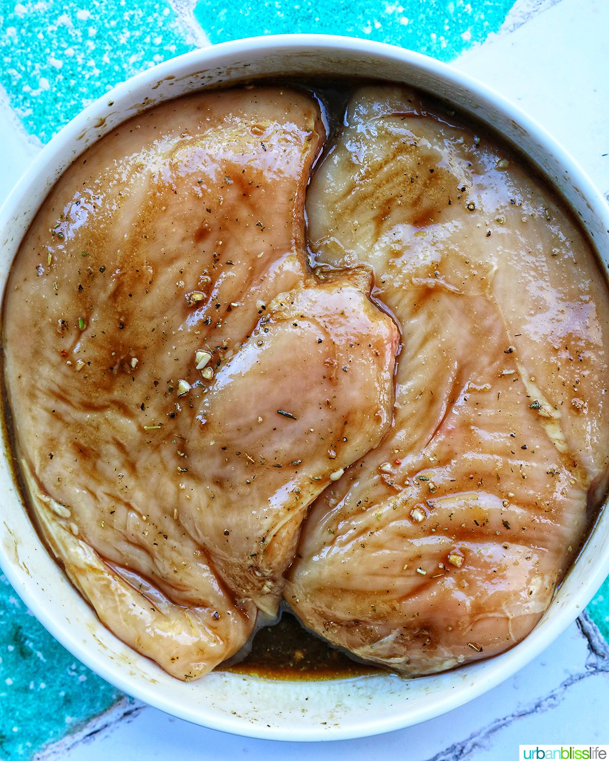 bowl with chicken in balsamic dressing.