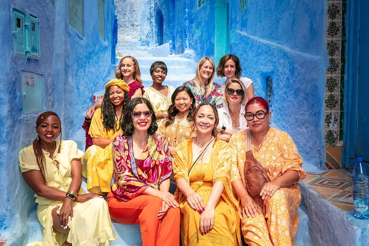 group of women bloggers in Chefchaouen (the blue city), Morocco.