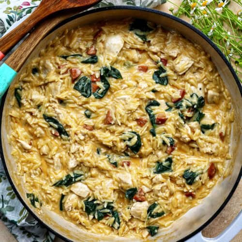 chicken and chorizo orzo in a pan.