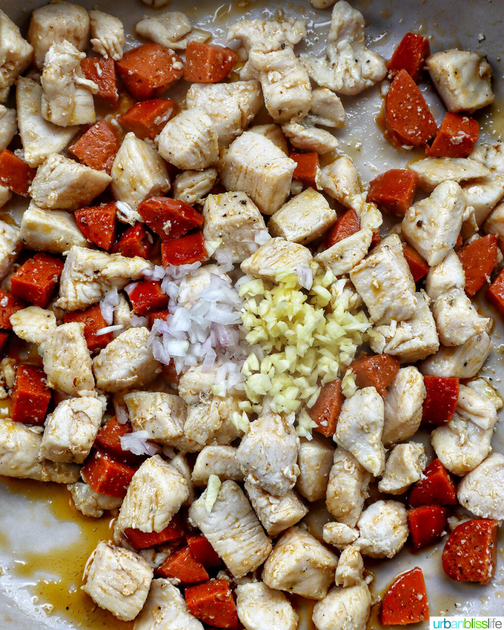 garlic, onions, chorizo, chicken in a pan.