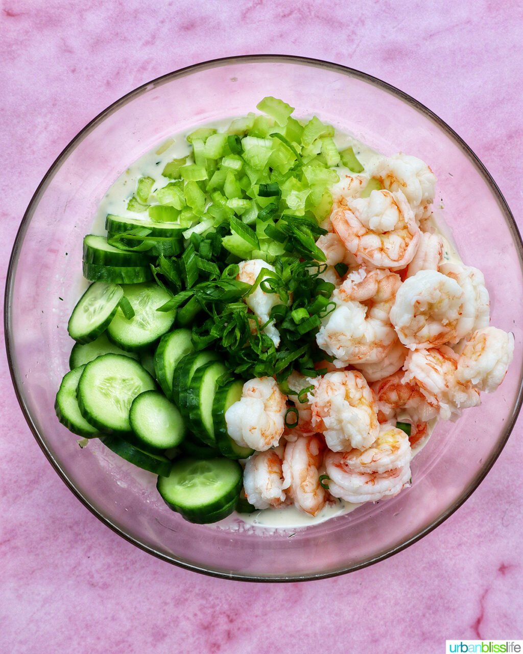 shrimp, cucumbers, celery in a bowl.