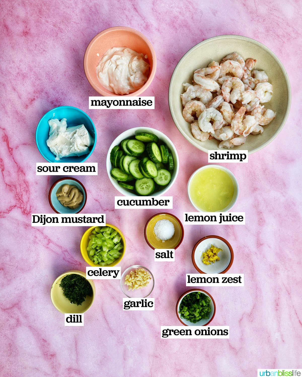 bowls of ingredients to make cucumber shrimp salad.
