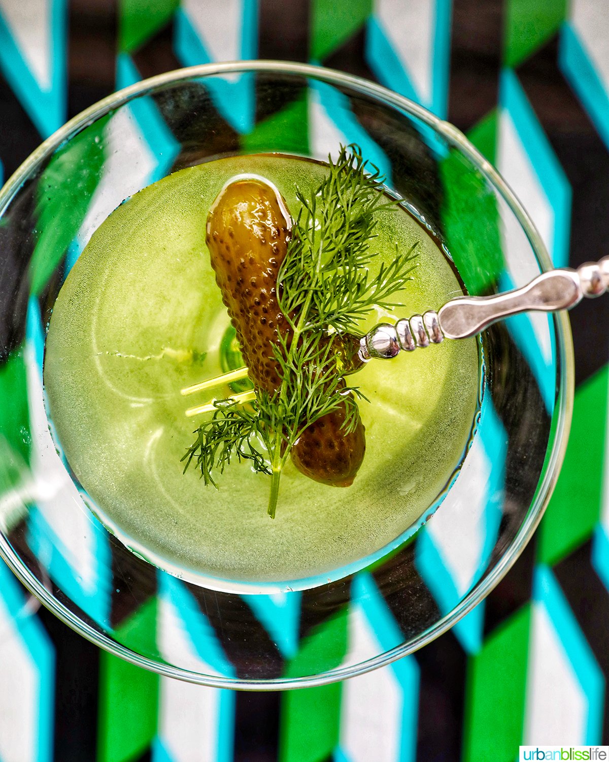 overhead of dill pickle martini.