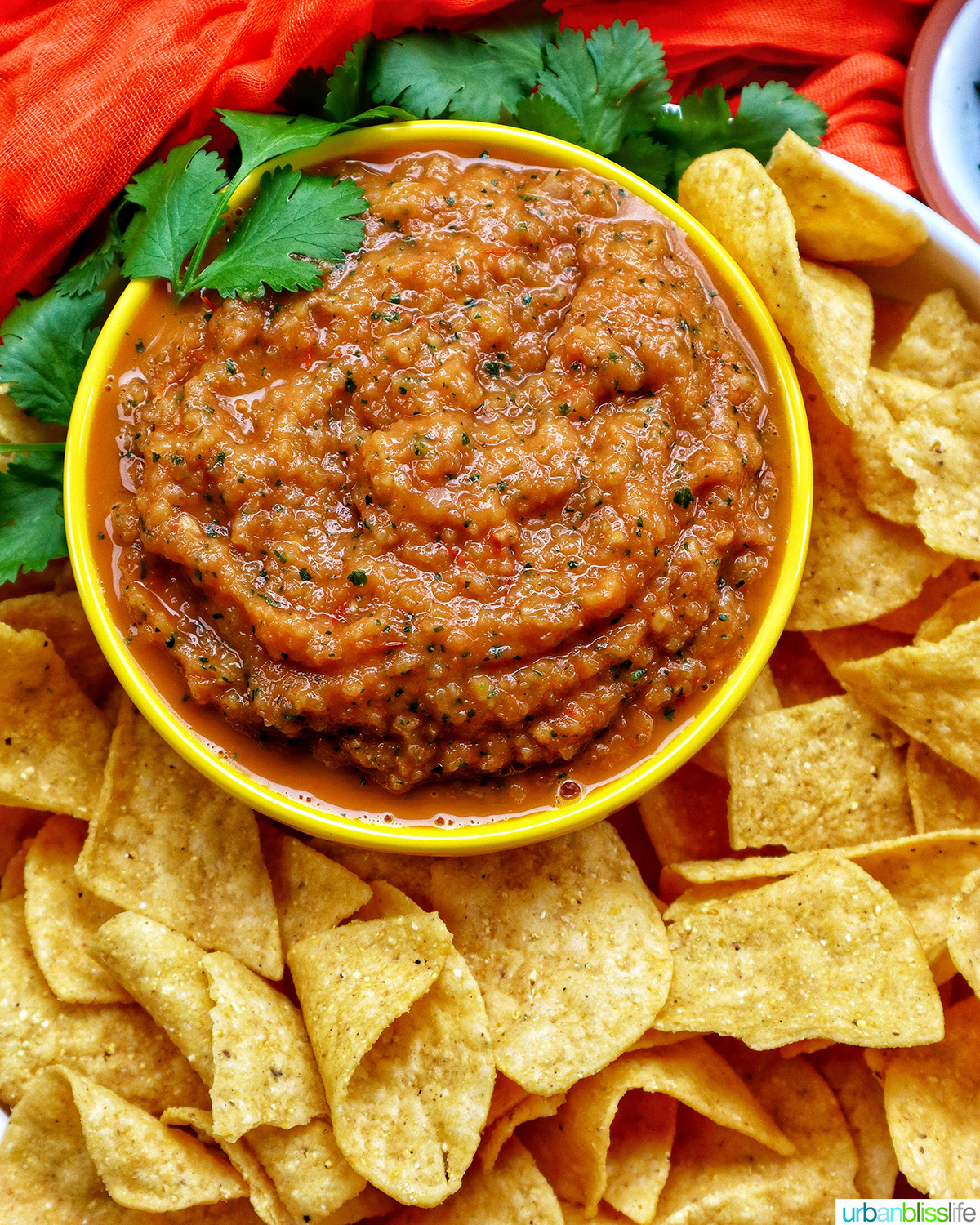 bowl of mango habañero salsa with tortilla chips.