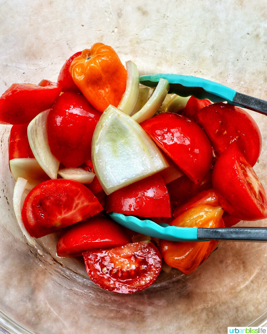 tomatoes, habanero peppers, onions, and garlic in a bowl.