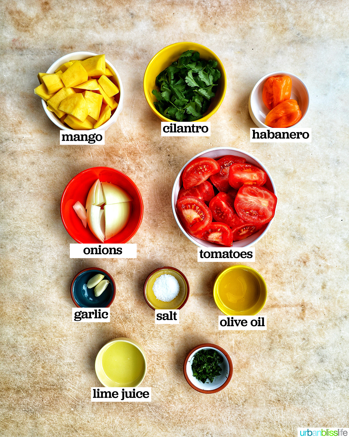 bowls of ingredients to make mango habañero salsa.