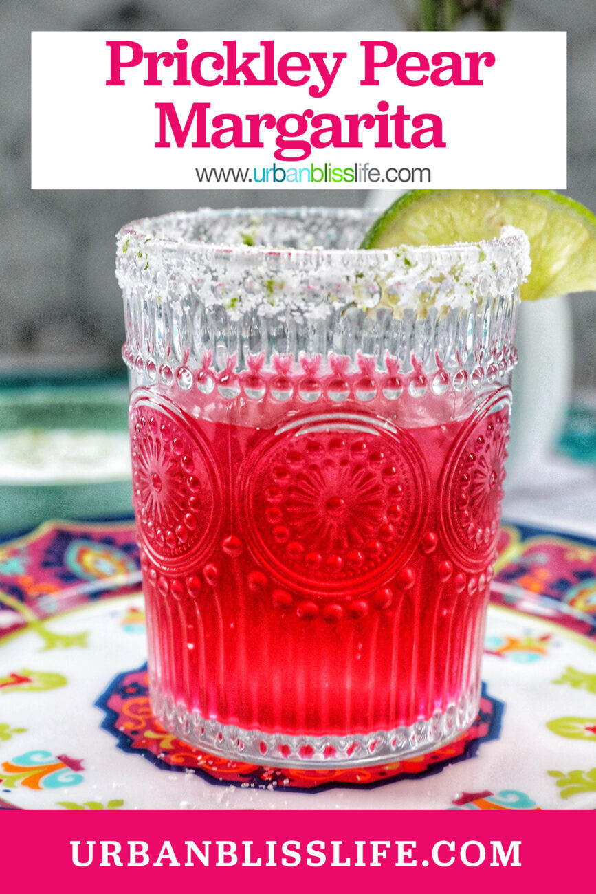 glass of prickly pear margarita with lime slice garnish and title text overlay.