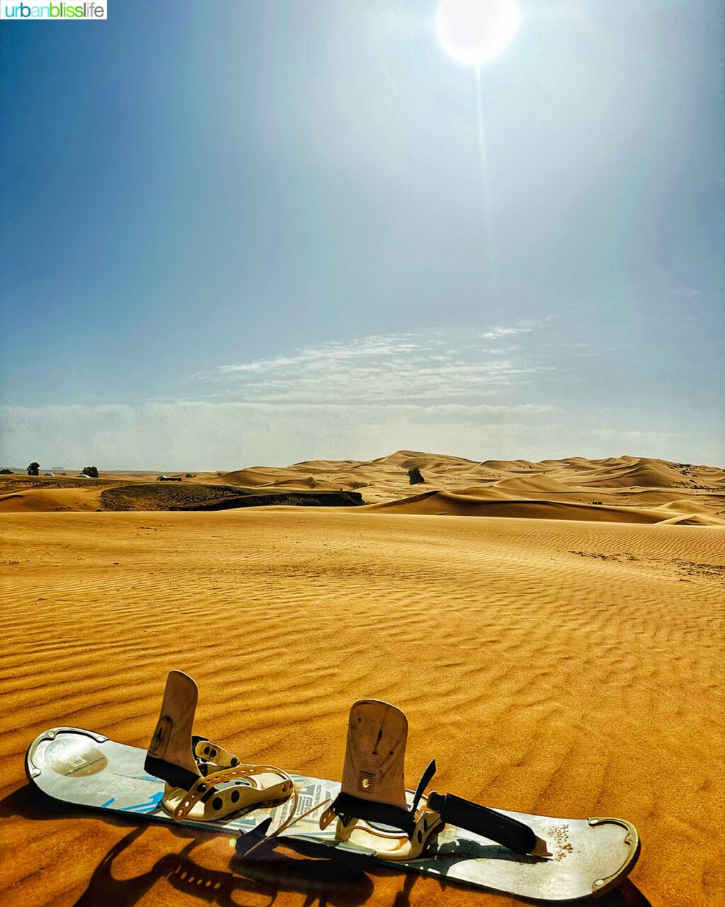 sandboard on a sand dune in the Sahara Desert under the sun.