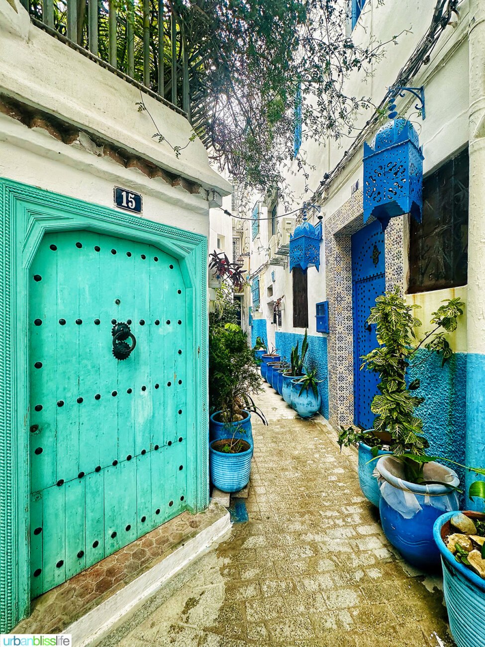 green and blue painted streets of Tangier, Morocco.