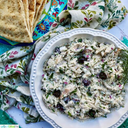 bowl of chicken tzatziki salad with side of pita bread.