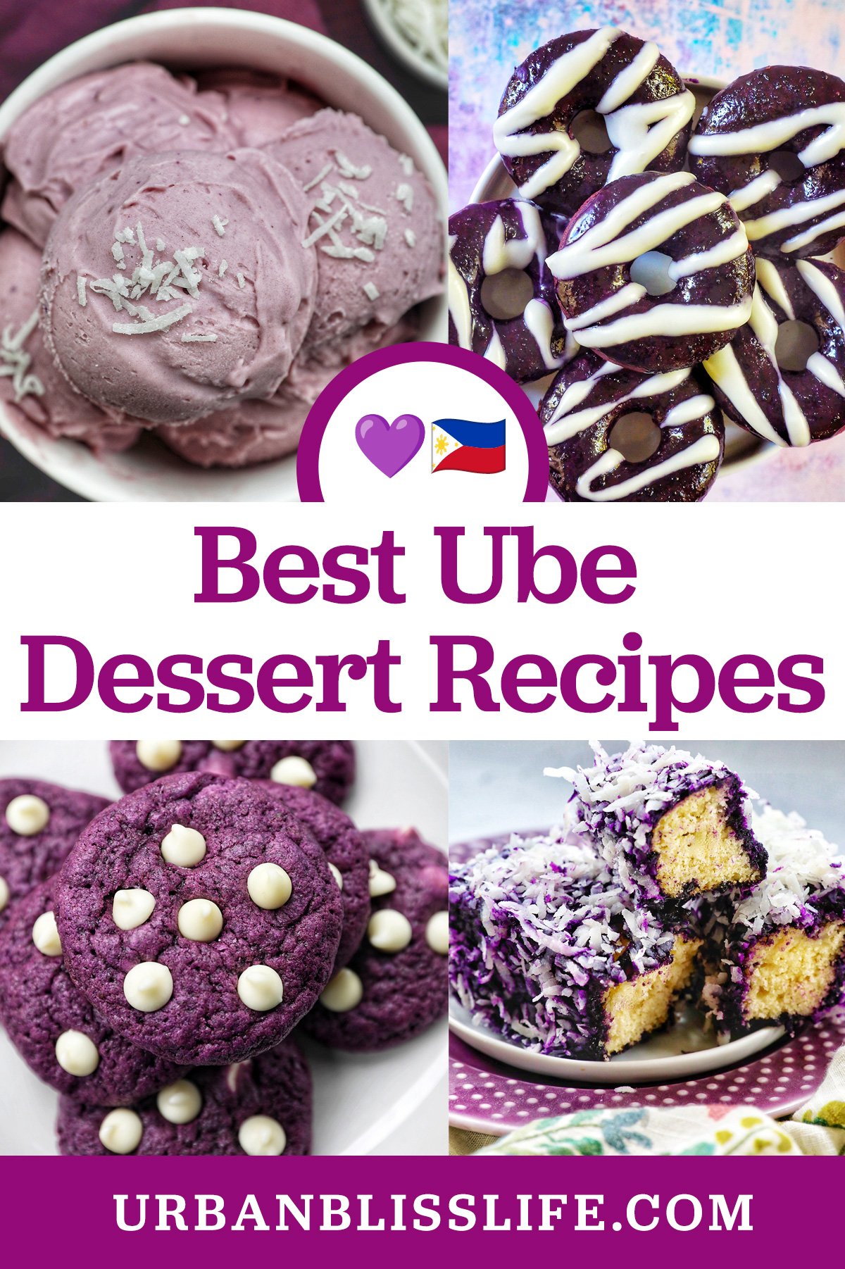 ube ice cream, ube donuts, ube cookies, ube bars with title text overlay "Best Ube Dessert Recipes"