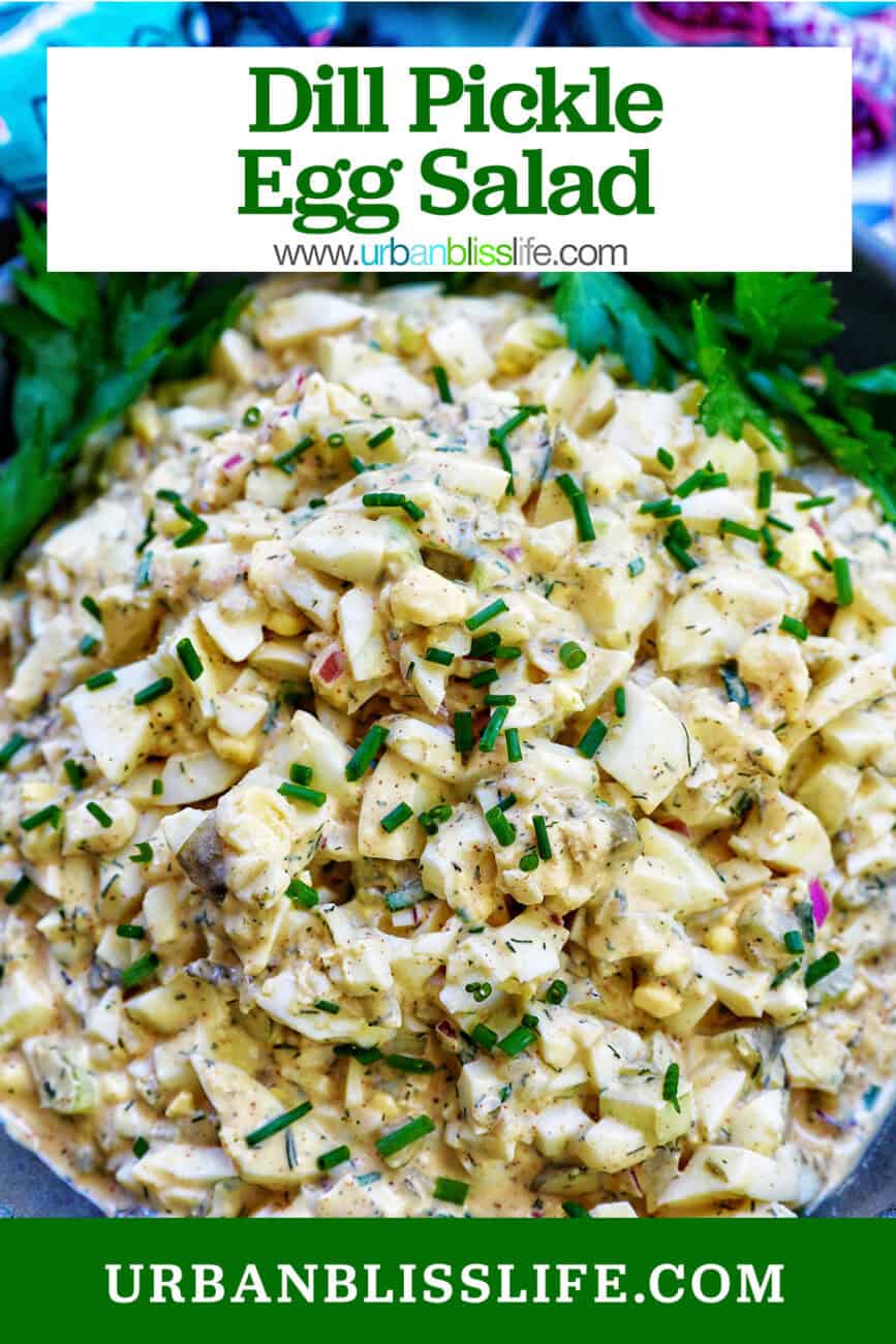 bowl of dill pickle egg salad with title text overlay.