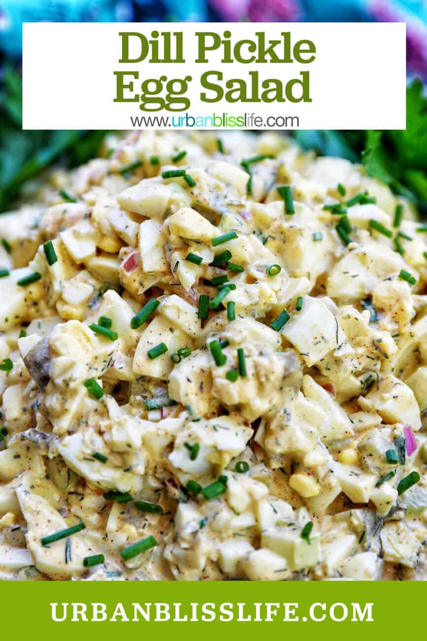 bowl of dill pickle egg salad with title text overlay.