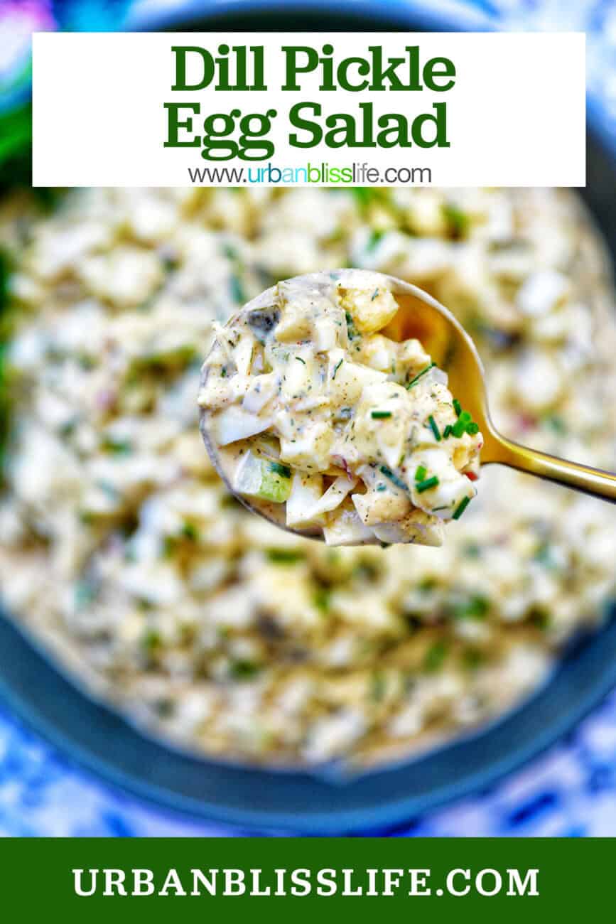spoonful of egg salad over a bowl of dill pickle egg salad with title text overlay.