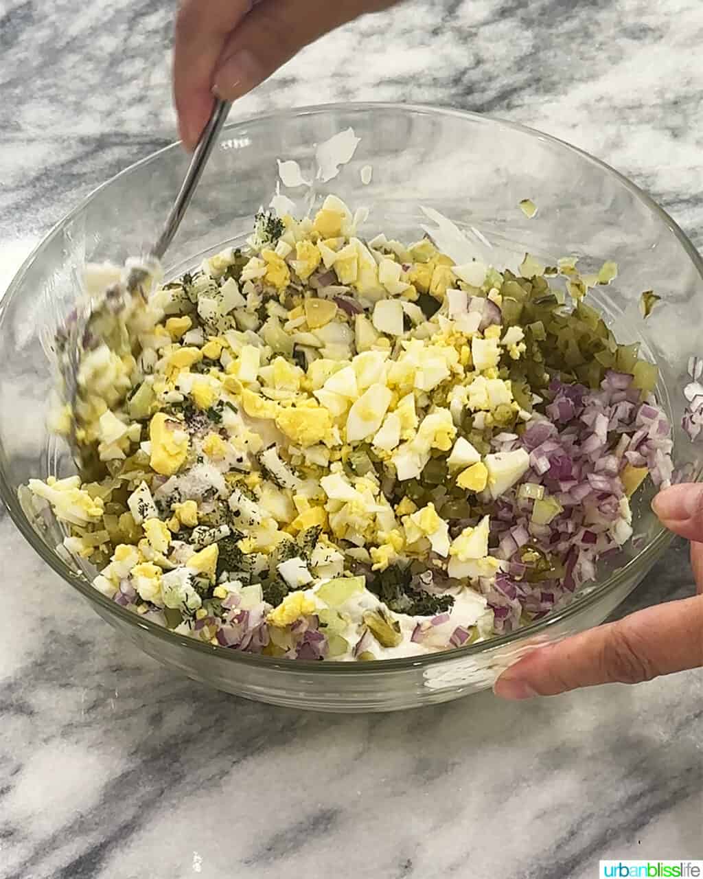 bowl of dill pickle egg salad.