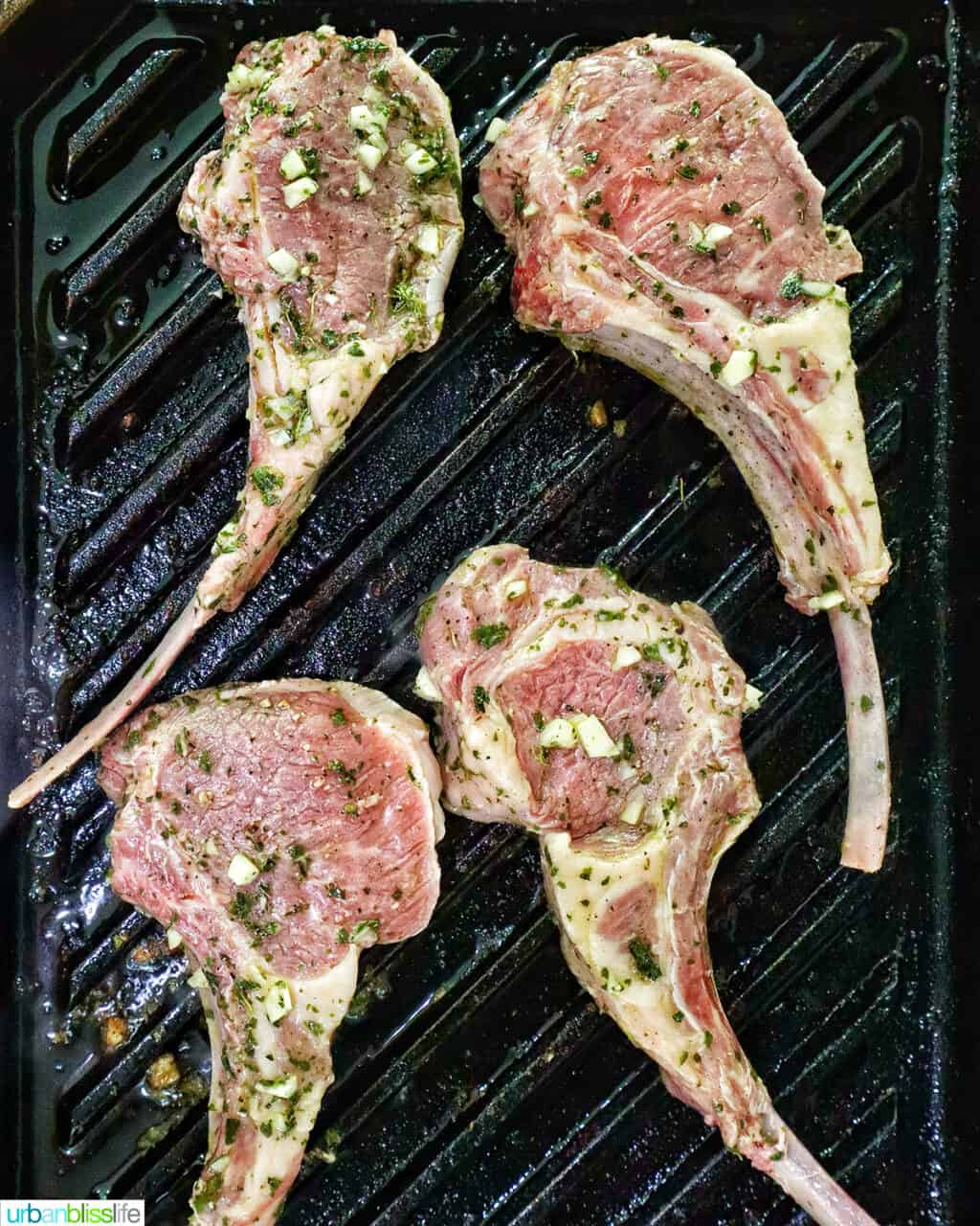 lamb chops on a grill pan.