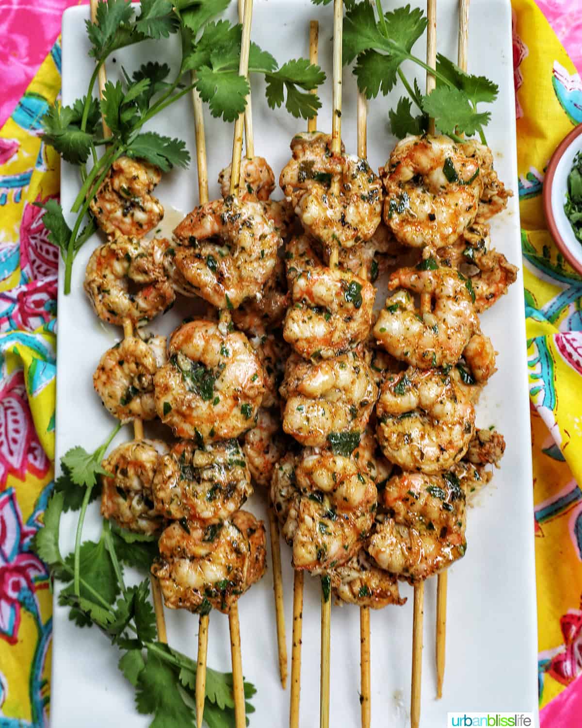 prawn BBQ skewers on a white plate with herb garnish.