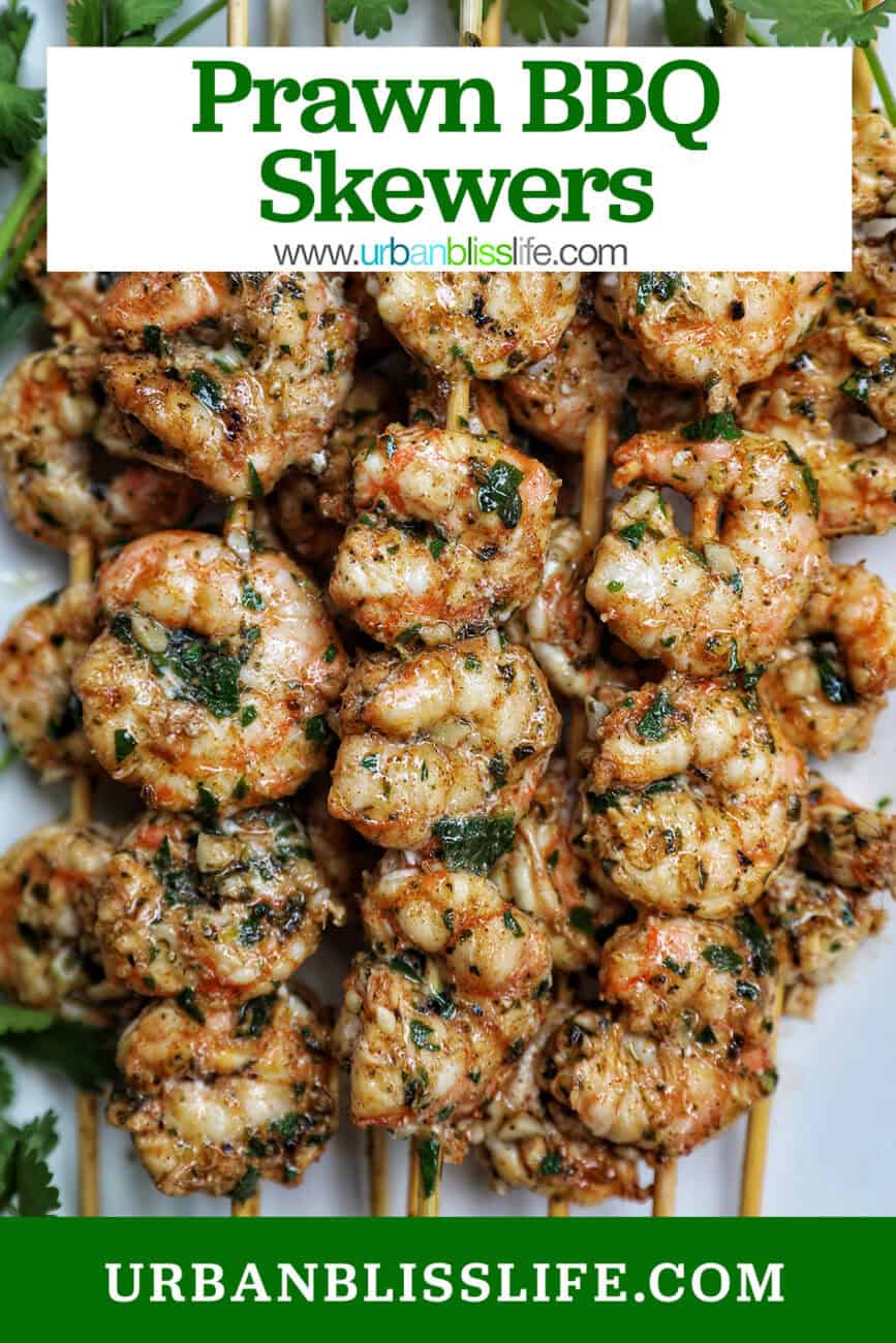 prawn BBQ skewers stacked on a plate with title text overlay.