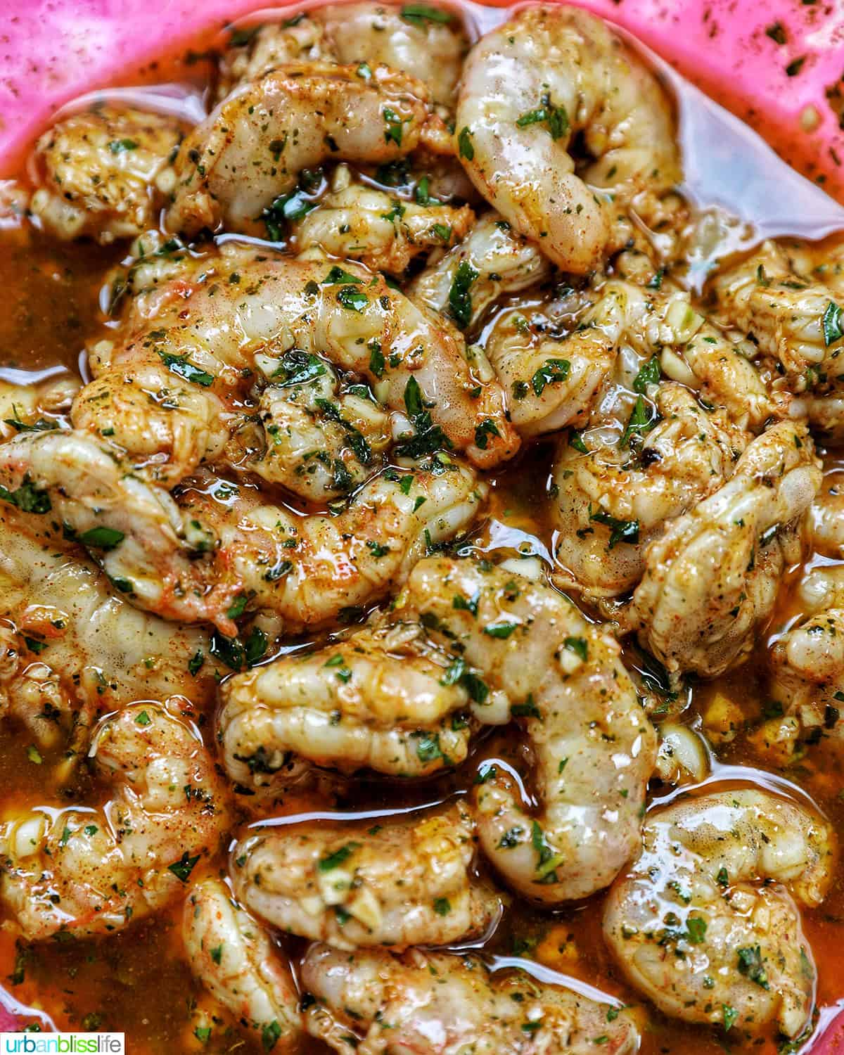 large shrimp marinating in marinade sauce.