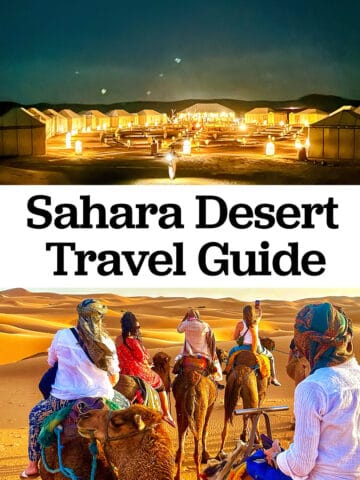 Sahara Desert camp and camel trek with title text overlay.