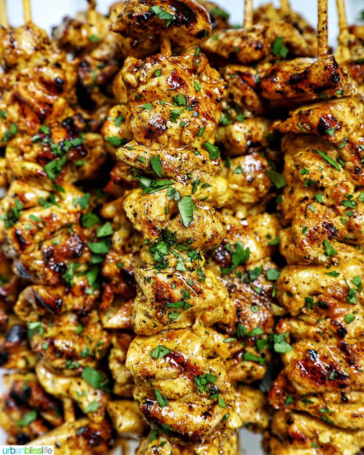 closeup of tandoori chicken skewers with chopped parsley garnish.