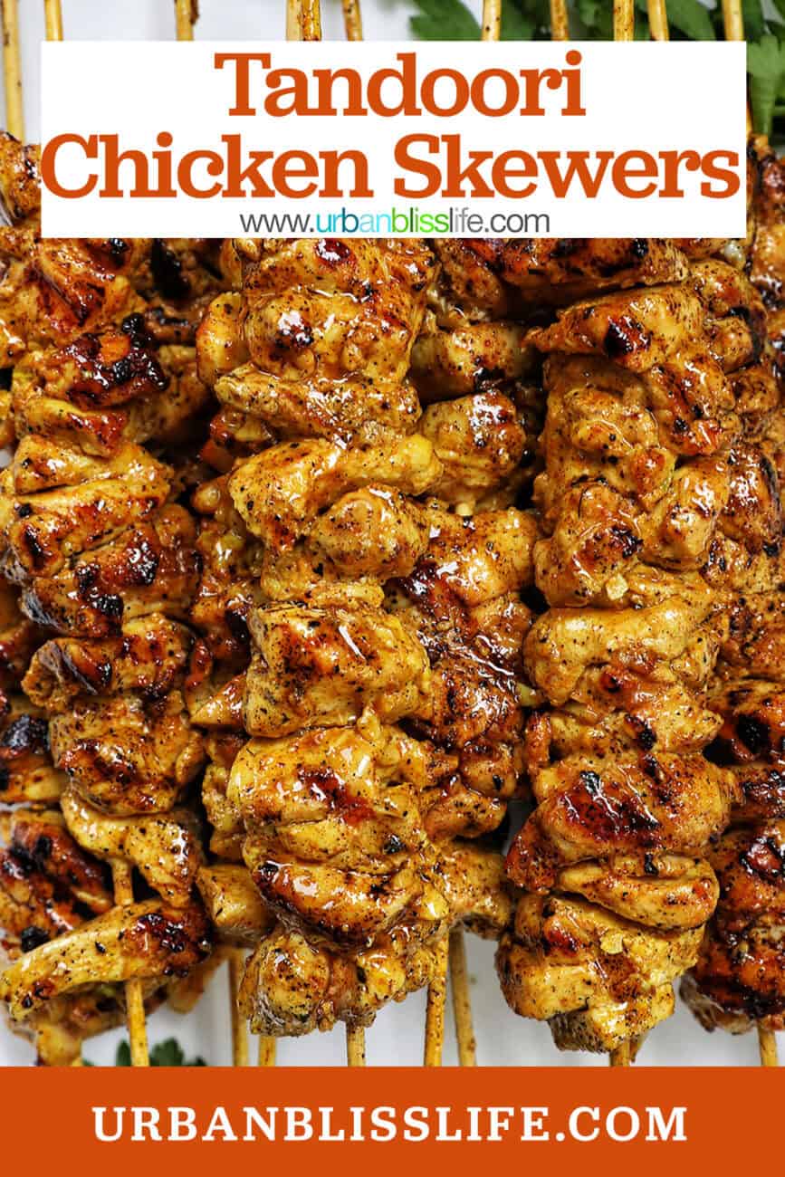 tandoori chicken skewers with title text overlay.