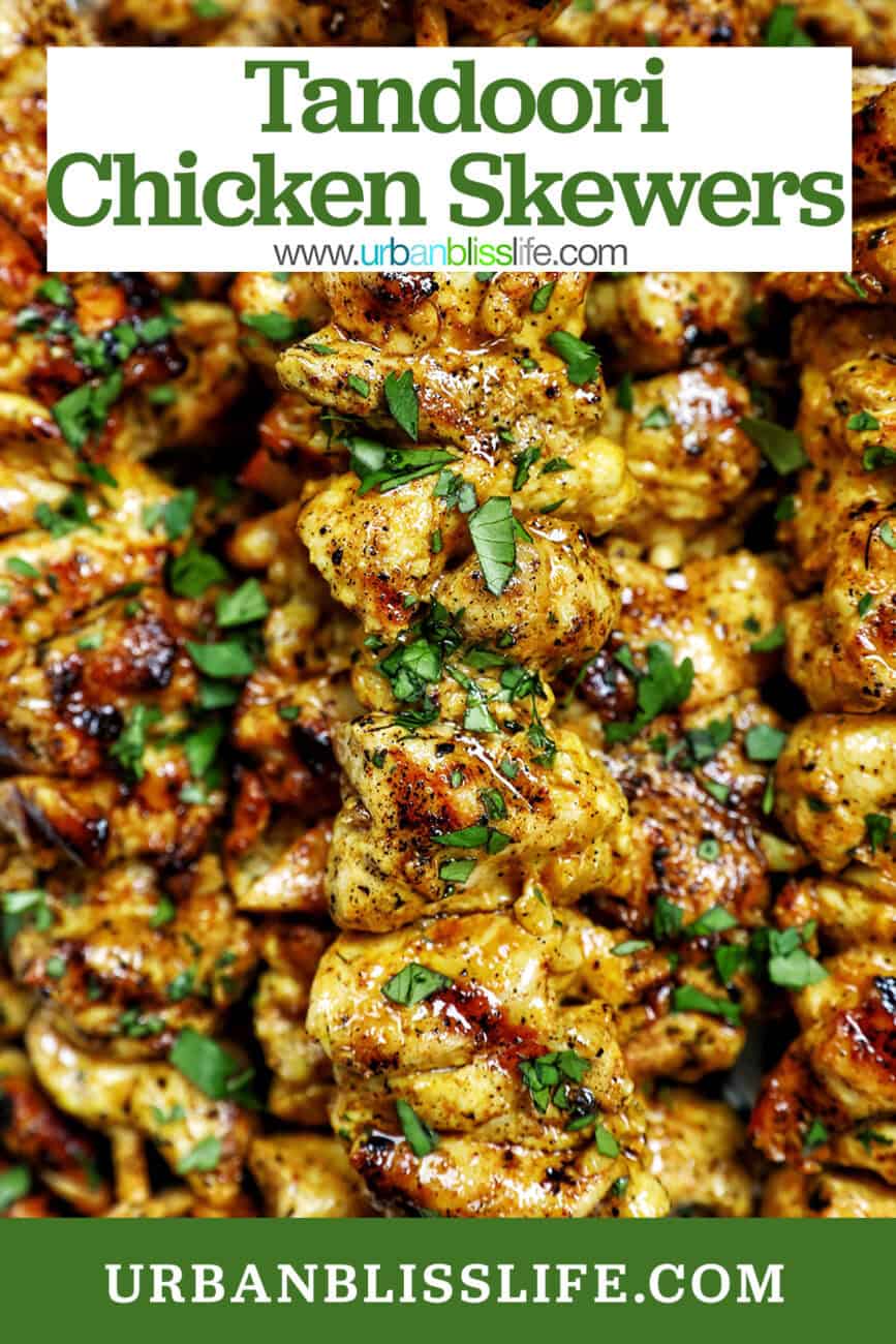 tandoori chicken skewers with title text overlay.
