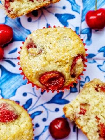 cherry muffins with fresh cherries.