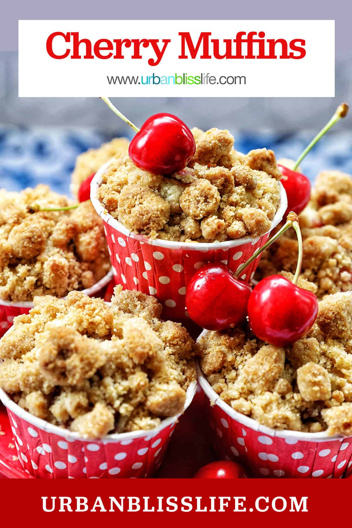 cherry muffins with fresh cherries and title text overlay.