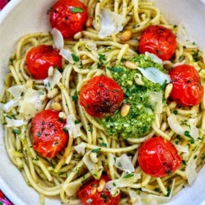 cherry tomato and pesto pasta in a bowl.