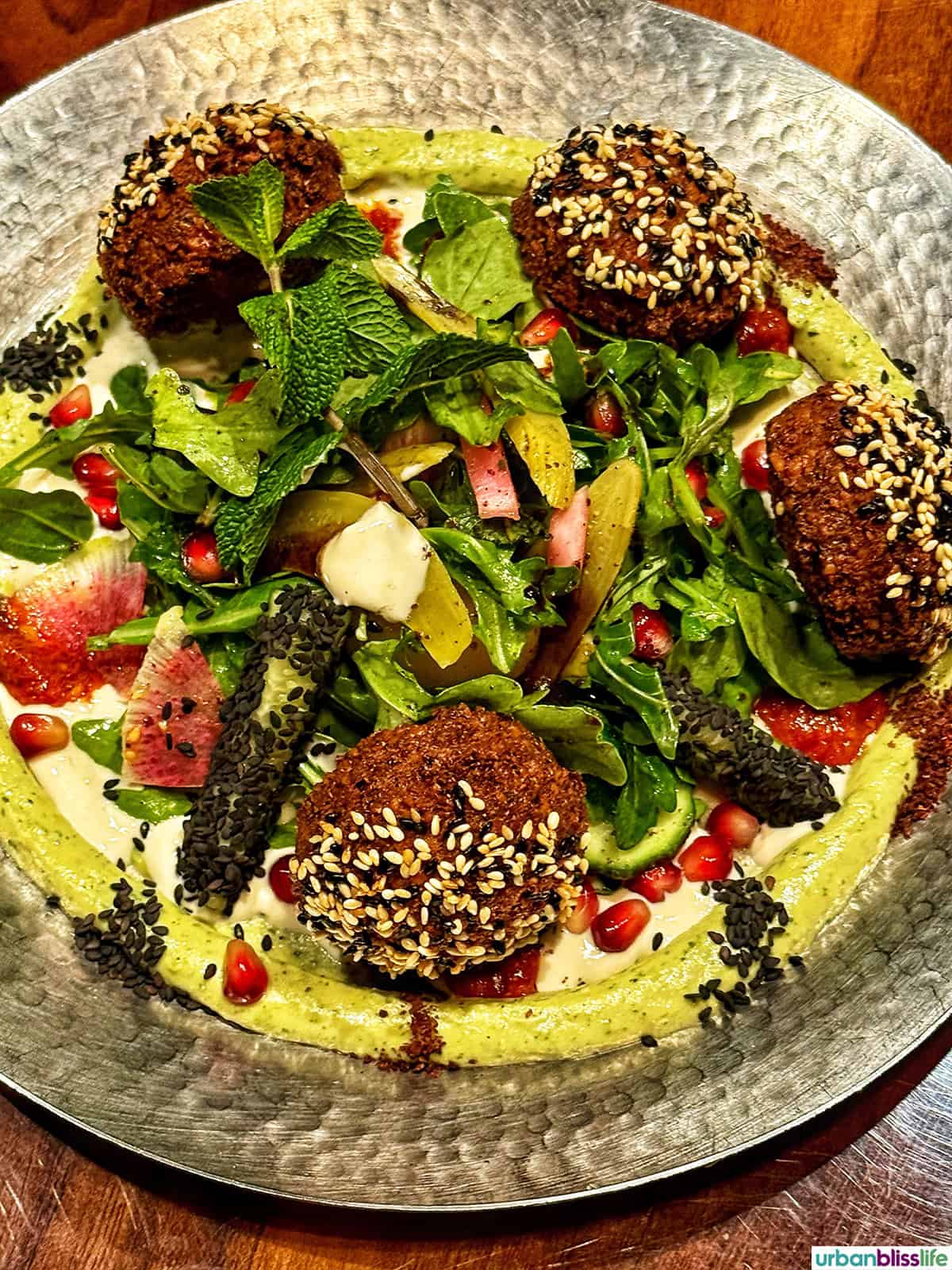 falafel salad at Damas restaurant in Montreal Canada.