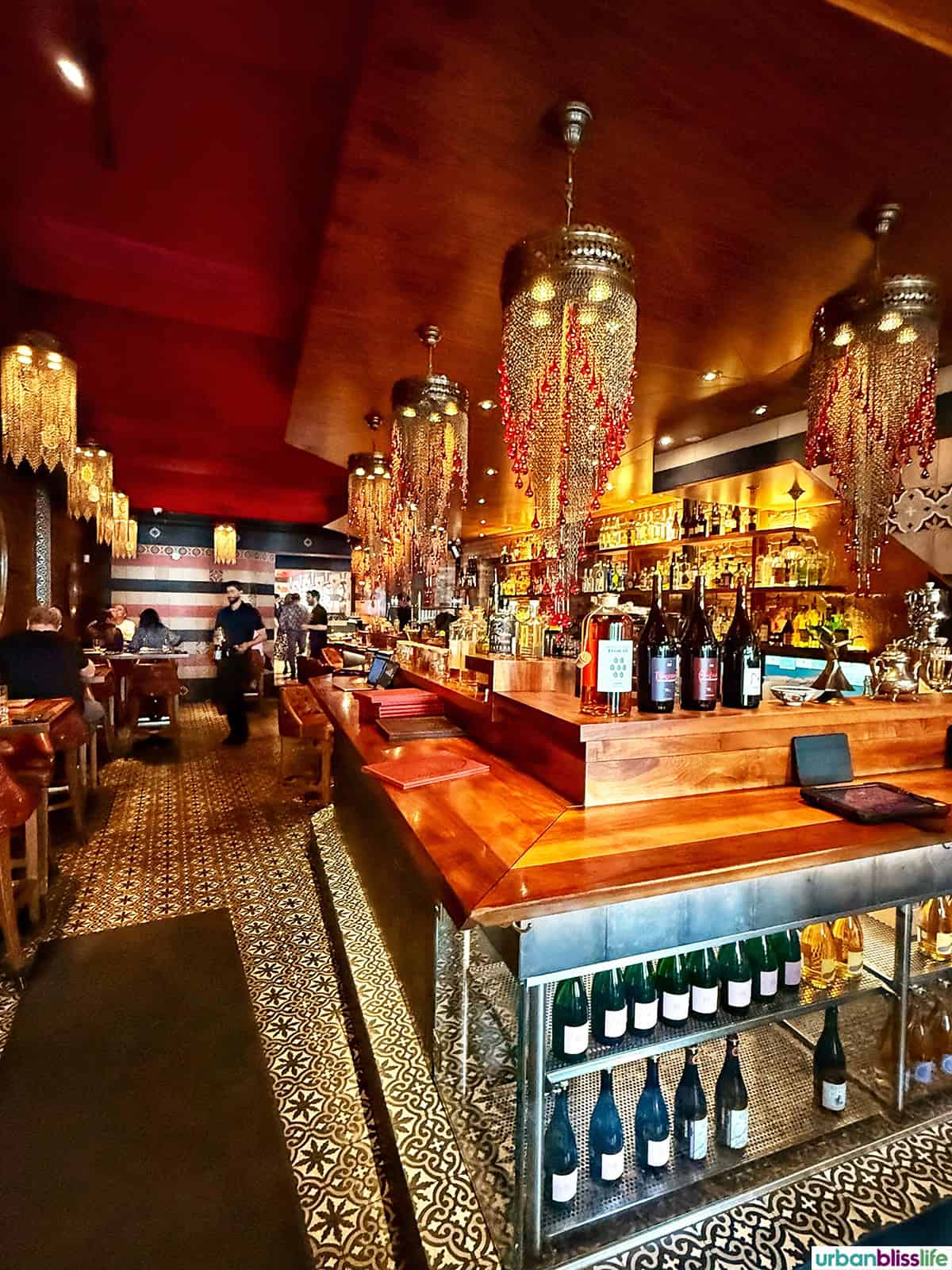 bar and indoor seating at Damas restaurant in Montreal Canada.
