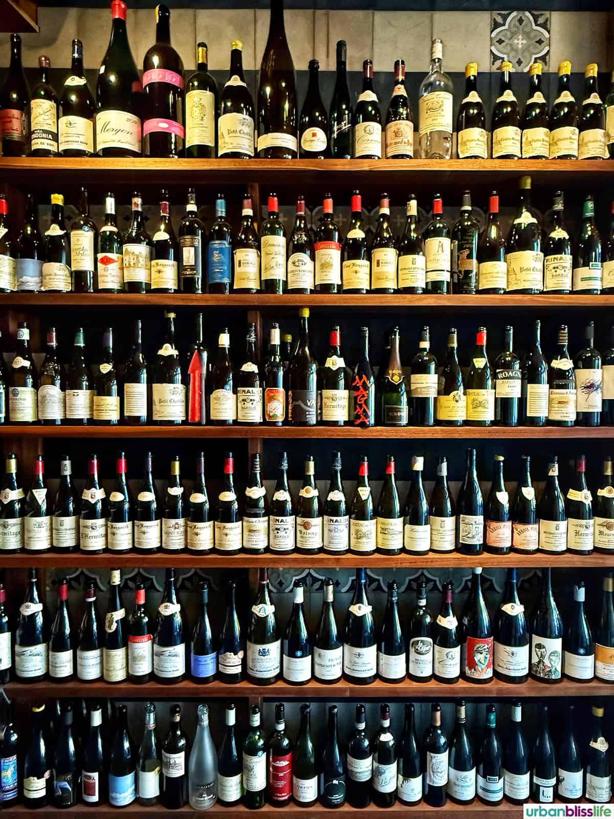 wine wall at Damas restaurant in Montreal Canada.