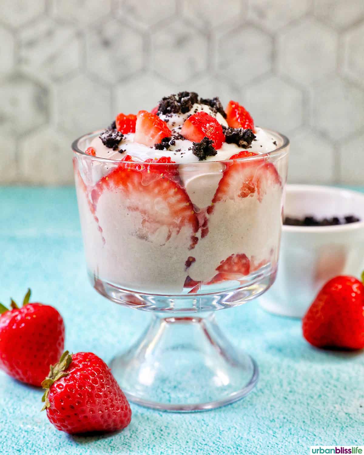 high protein chocolate parfait with fresh strawberries.