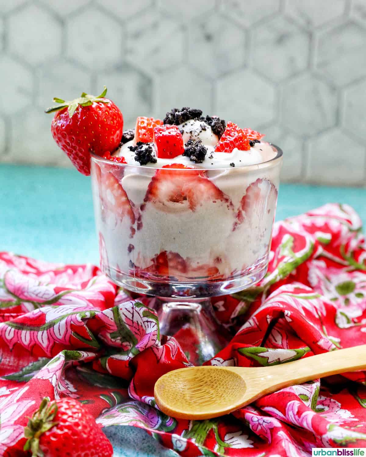 high protein chocolate parfait with berries and wooden spoon on a red napkin.