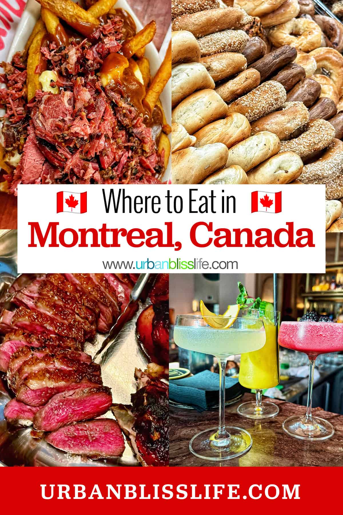 poutine, Montreal bagels, ribeye, cocktails with title text overlay.